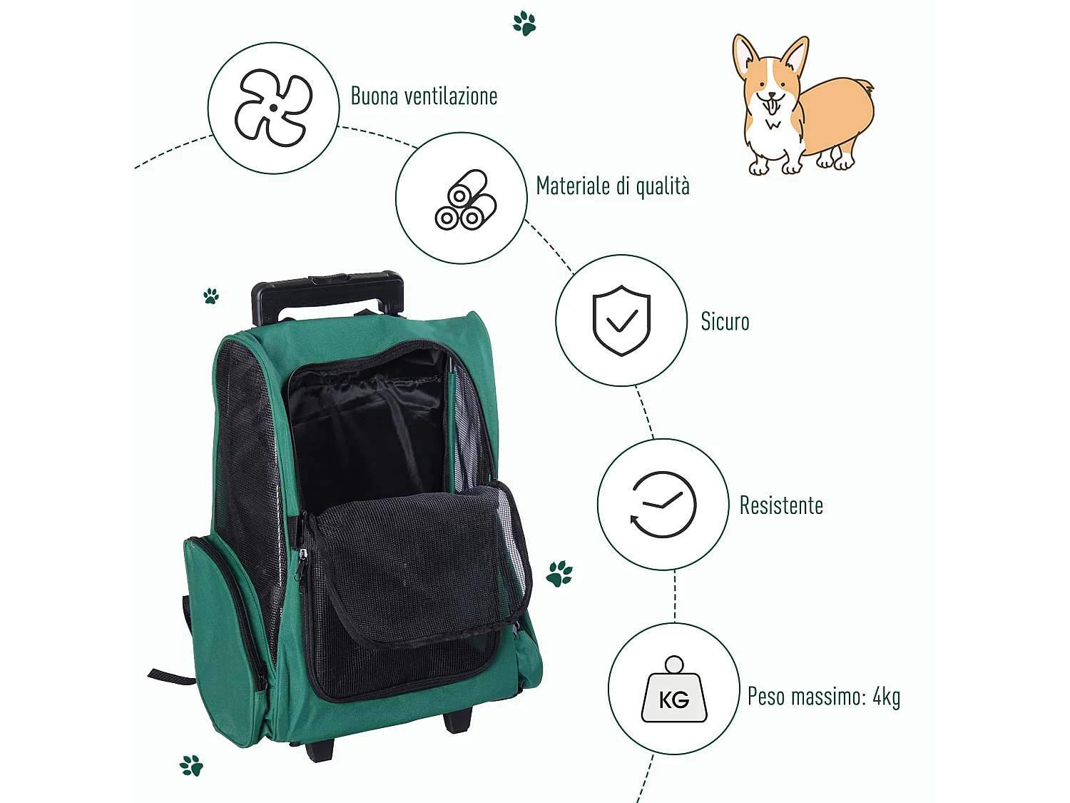 Trasportino zaino per cani e gatti con tasche maniglia telescopica ruote