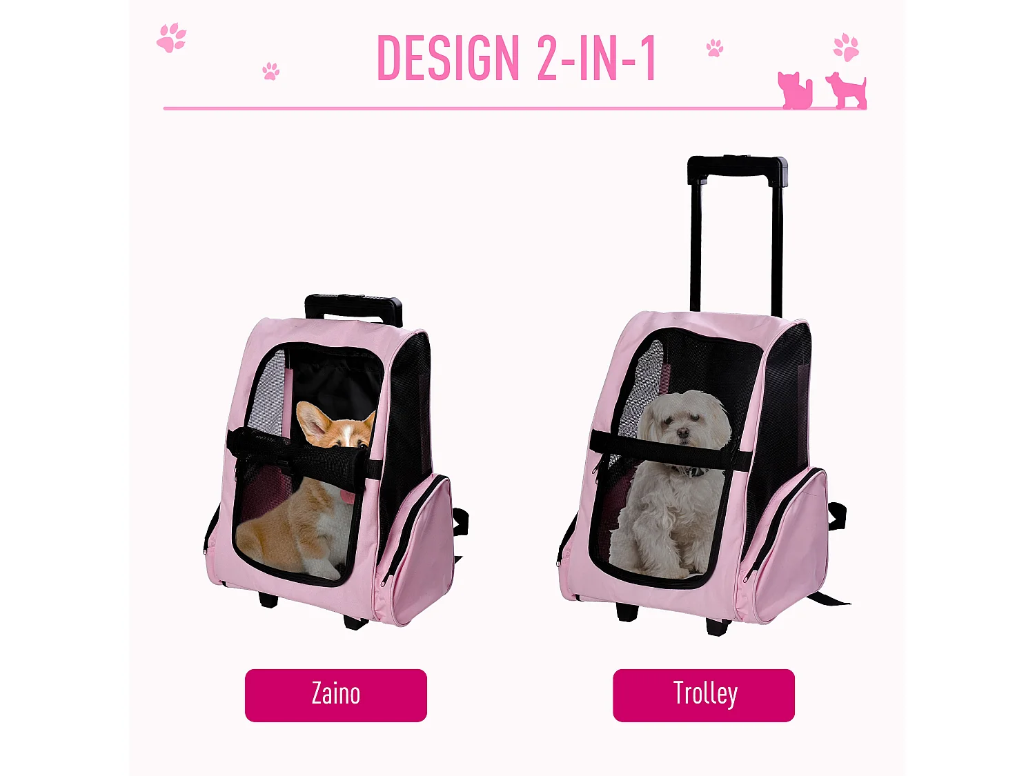 Trasportino zaino per cani e gatti con tasche maniglia telescopica ruote