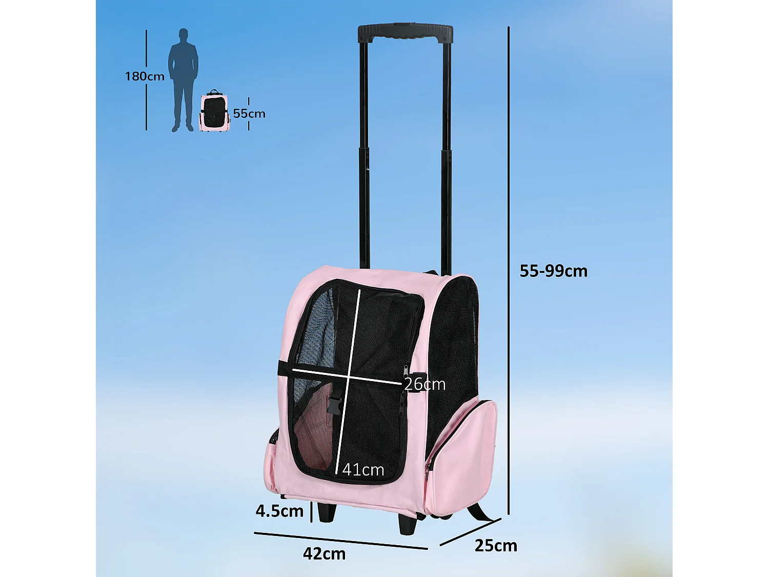 Trasportino zaino per cani e gatti con tasche maniglia telescopica ruote