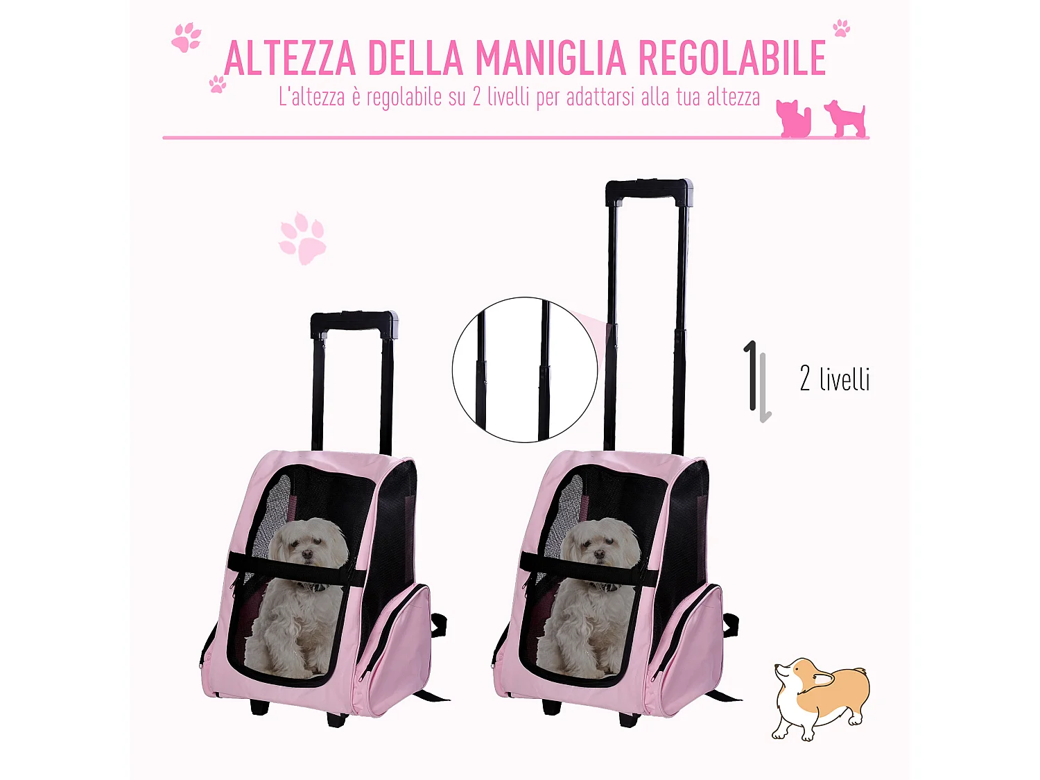 Trasportino zaino per cani e gatti con tasche maniglia telescopica ruote