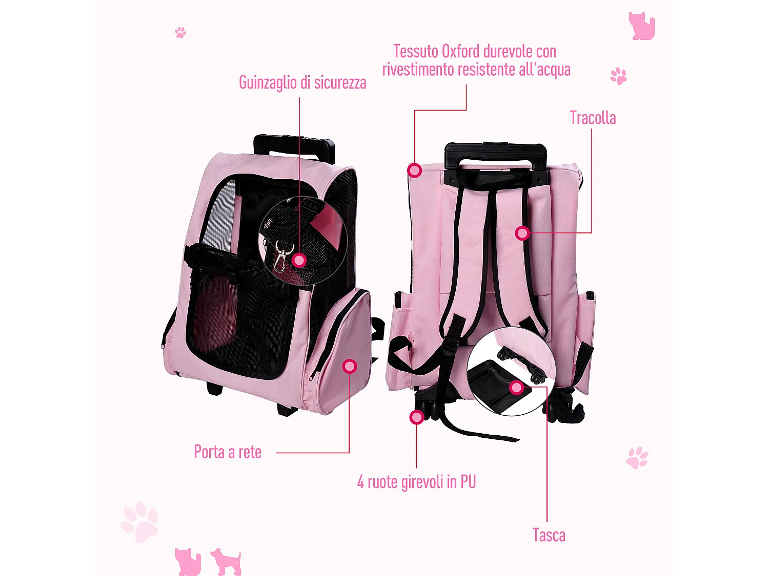 Trasportino zaino per cani e gatti con tasche maniglia telescopica ruote