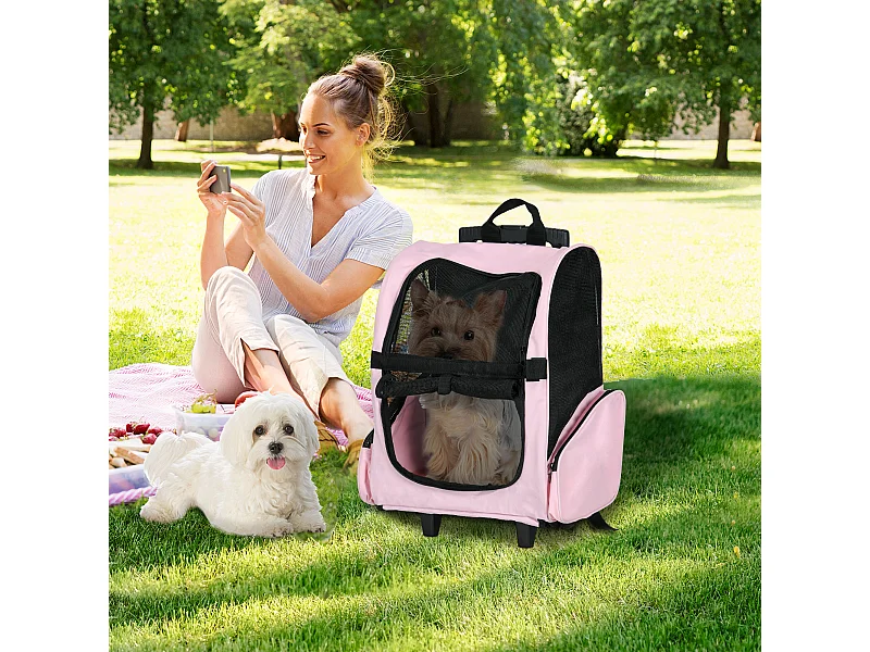 Trasportino zaino per cani e gatti con tasche maniglia telescopica ruote