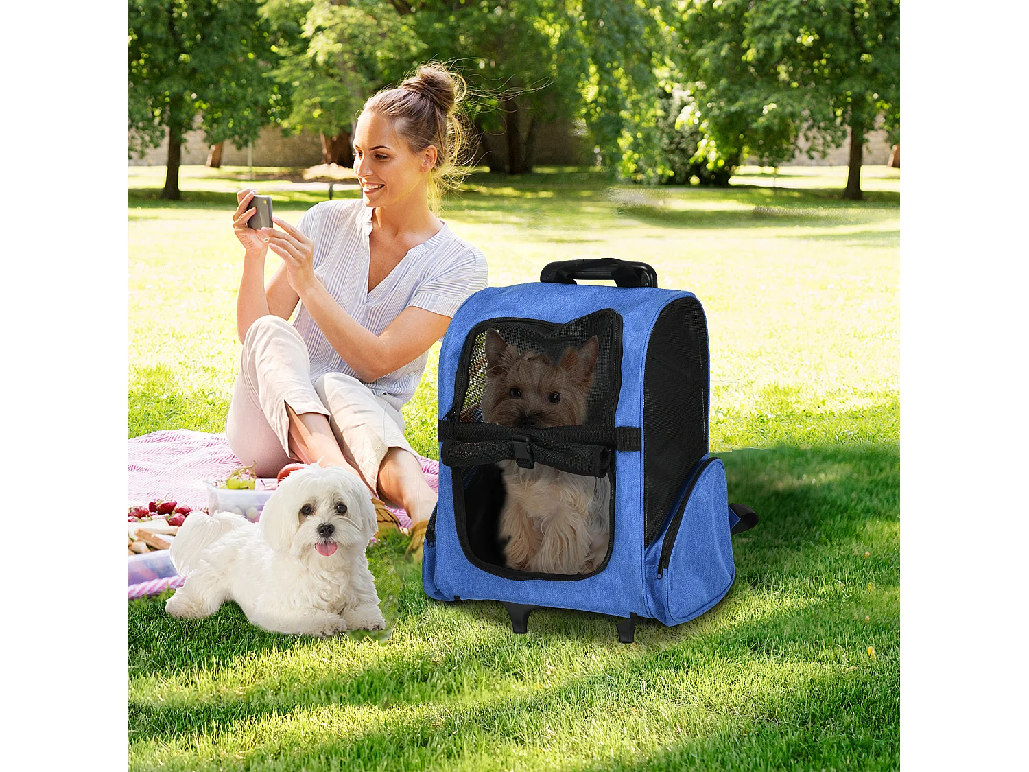Trasportino zaino per cani e gatti con tasche maniglia telescopica blu