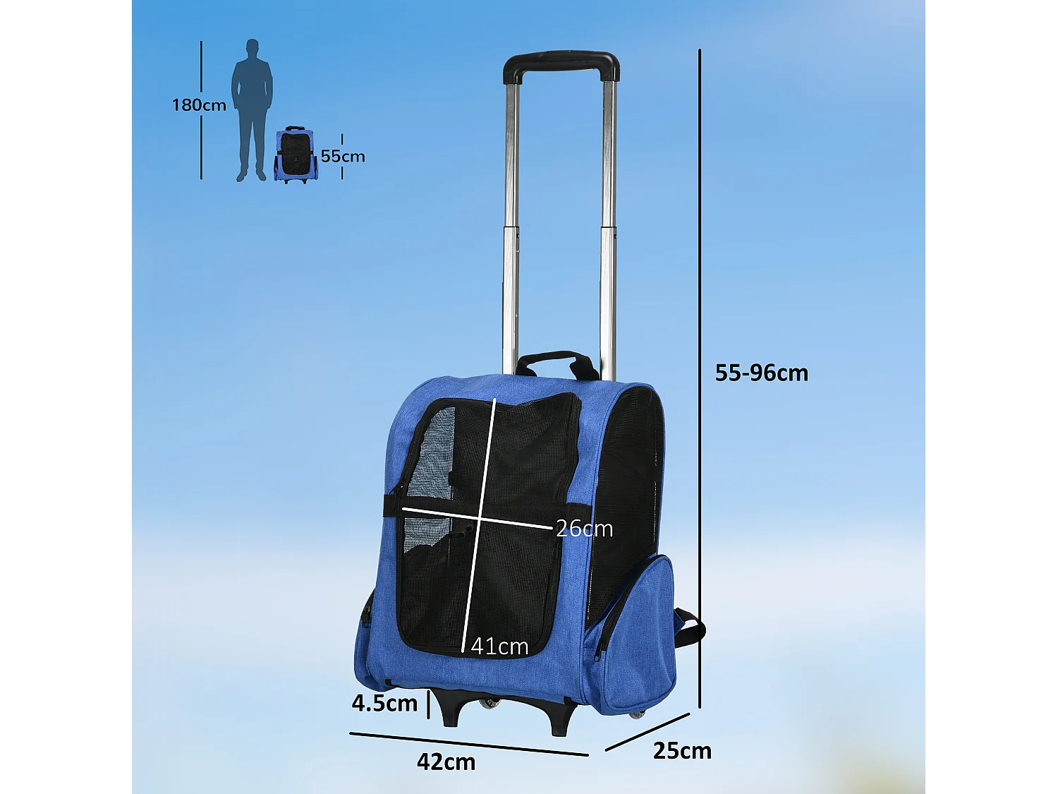 Trasportino zaino per cani e gatti con tasche maniglia telescopica blu