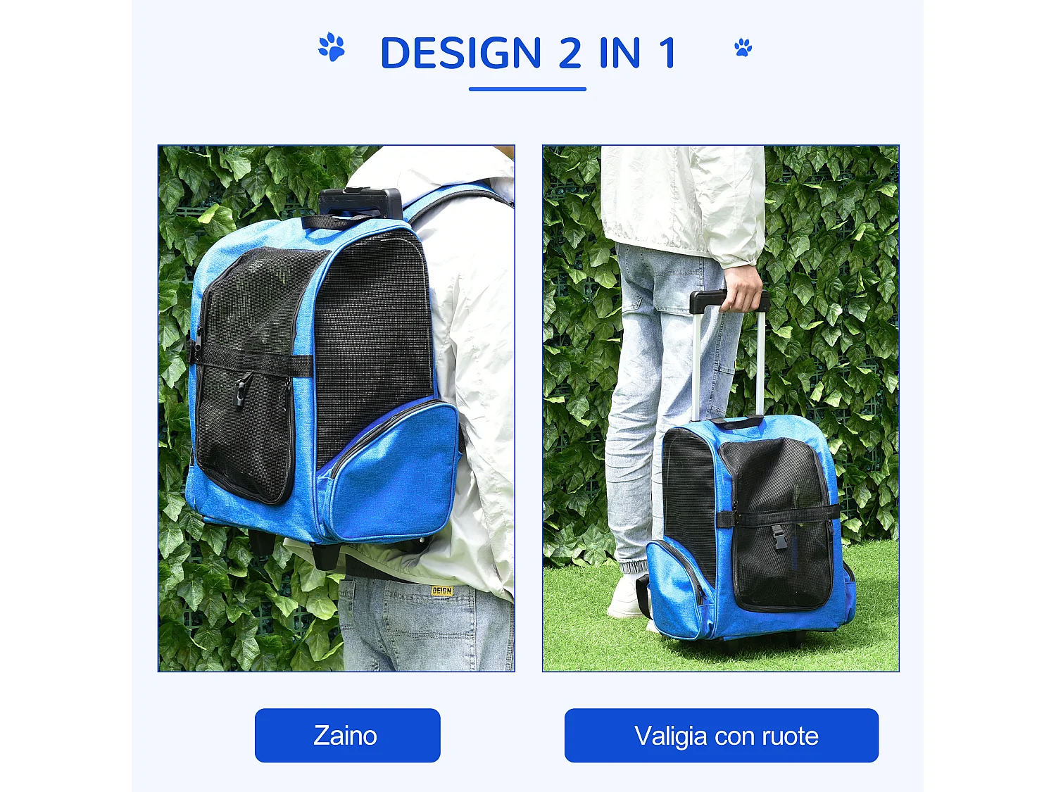 Trasportino zaino per cani e gatti con tasche maniglia telescopica blu