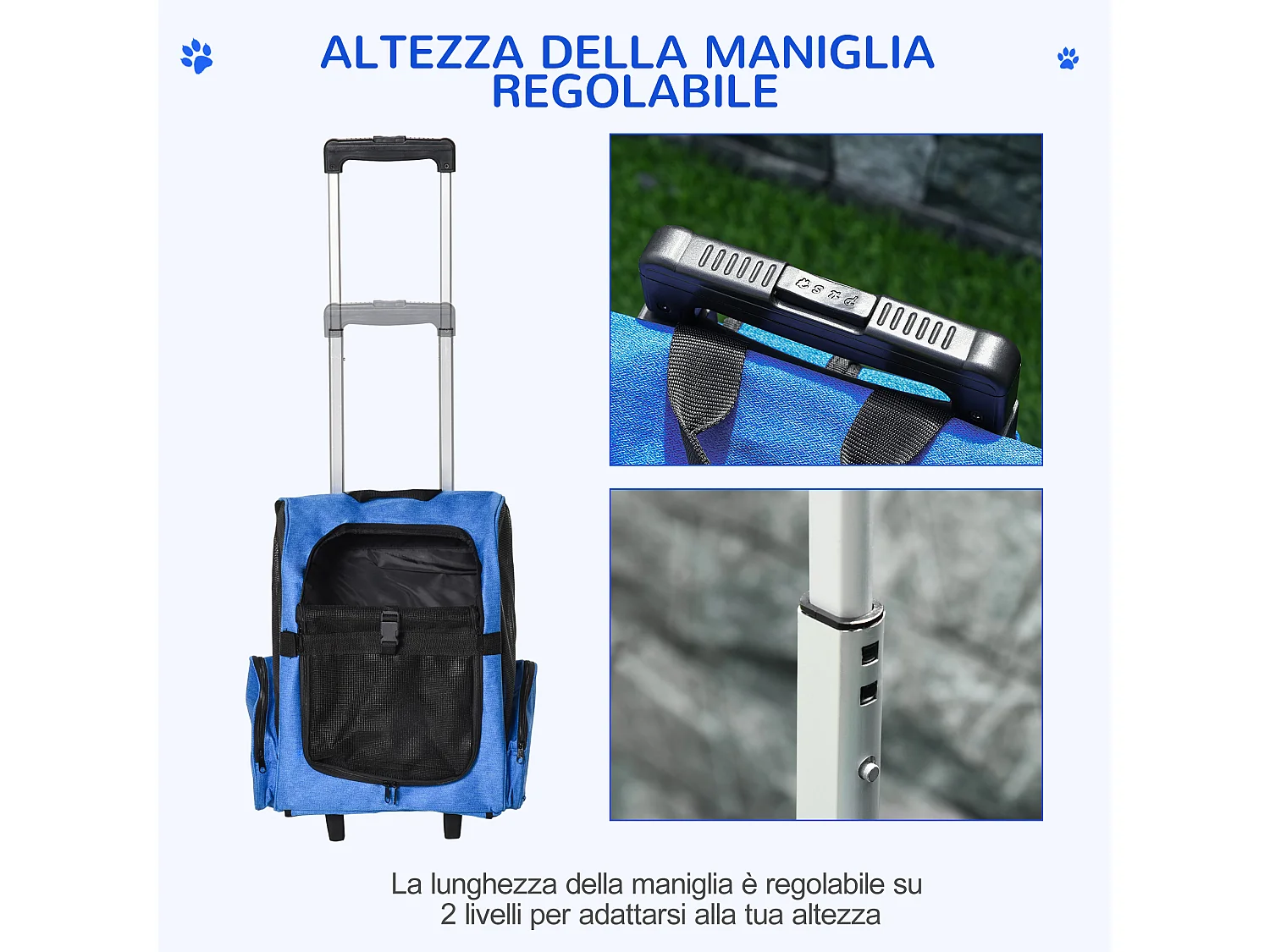 Trasportino zaino per cani e gatti con tasche maniglia telescopica blu