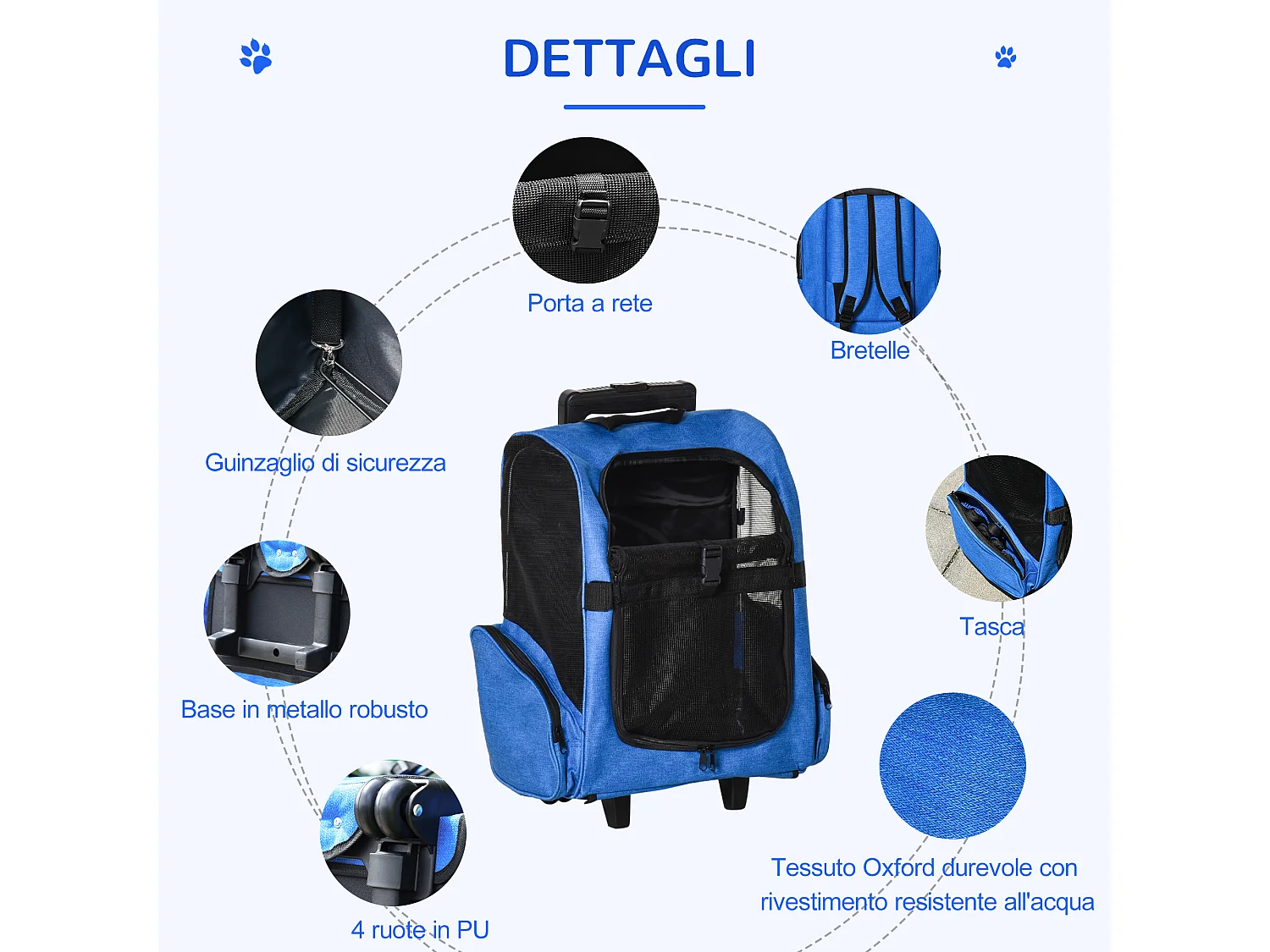 Trasportino zaino per cani e gatti con tasche maniglia telescopica blu