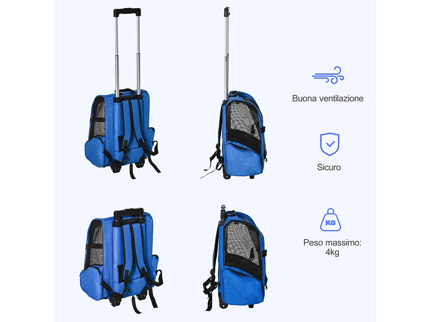 Trasportino zaino per cani e gatti con tasche maniglia telescopica blu