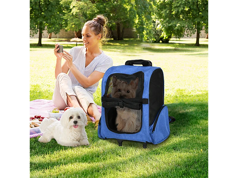 Trasportino zaino per cani e gatti con tasche maniglia telescopica blu