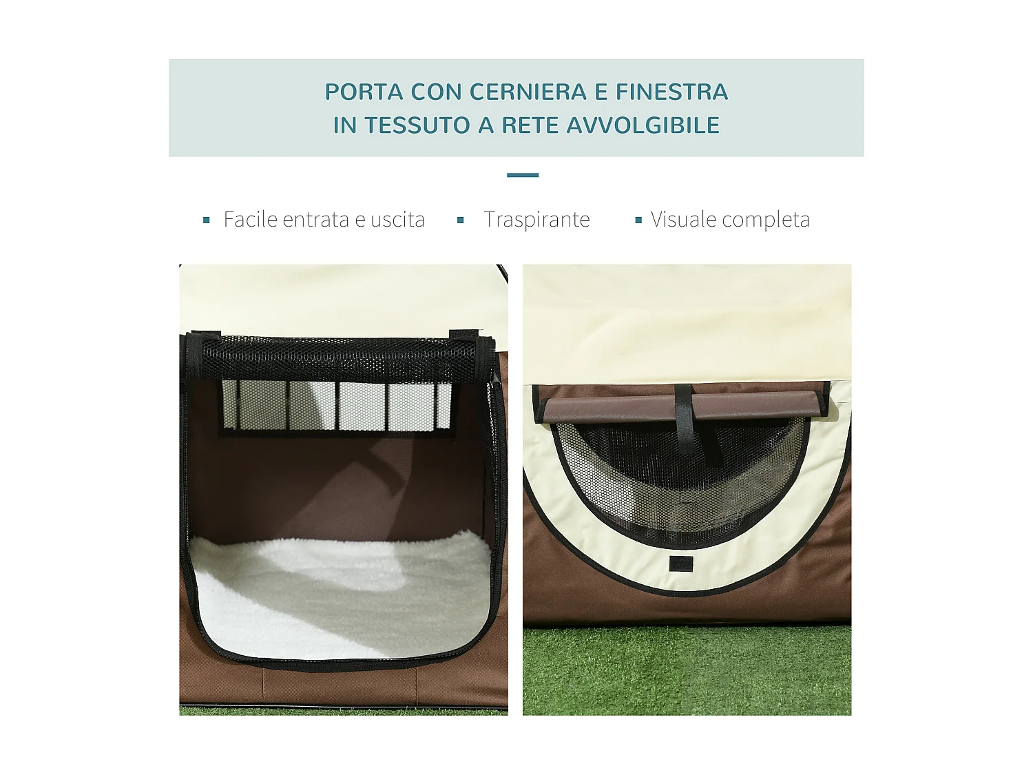 Trasportino per cani e gatti pieghevole con porta e finestre in rete