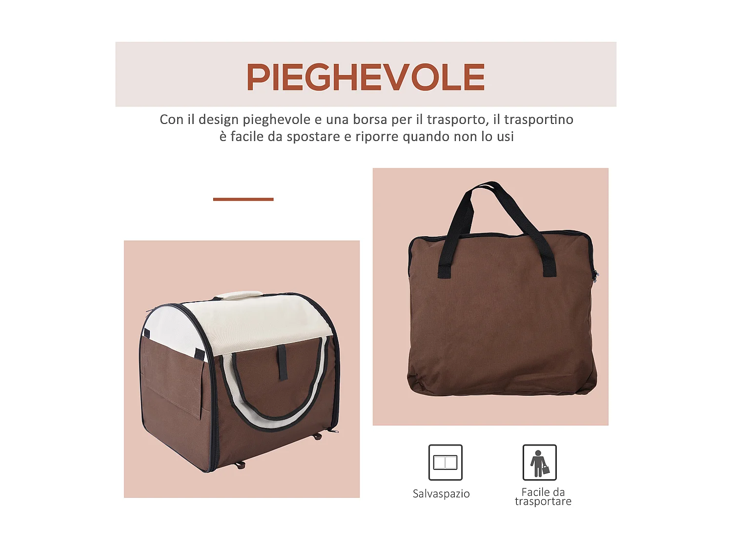 Trasportino per cani e gatti pieghevole e imbottito 61x46x51cm caffè