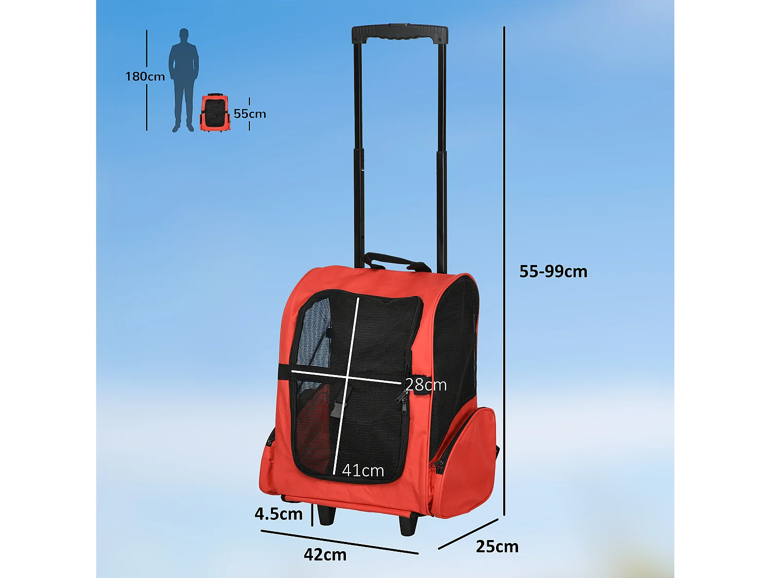 Trasportino zaino per cani e gatti con tasche maniglia telescopica ruote