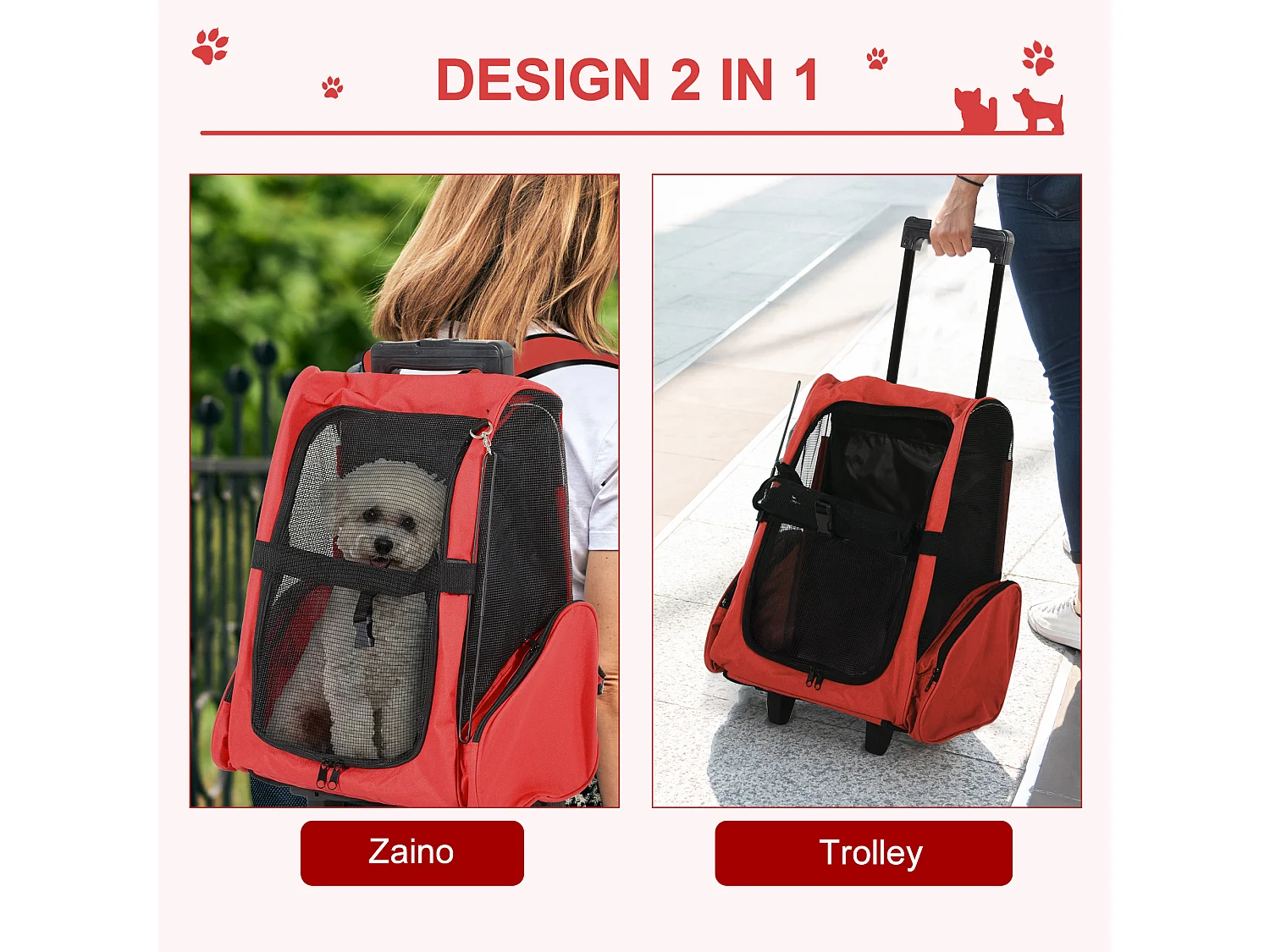 Trasportino zaino per cani e gatti con tasche maniglia telescopica ruote