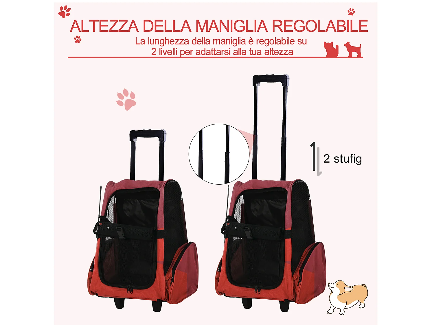 Trasportino zaino per cani e gatti con tasche maniglia telescopica ruote