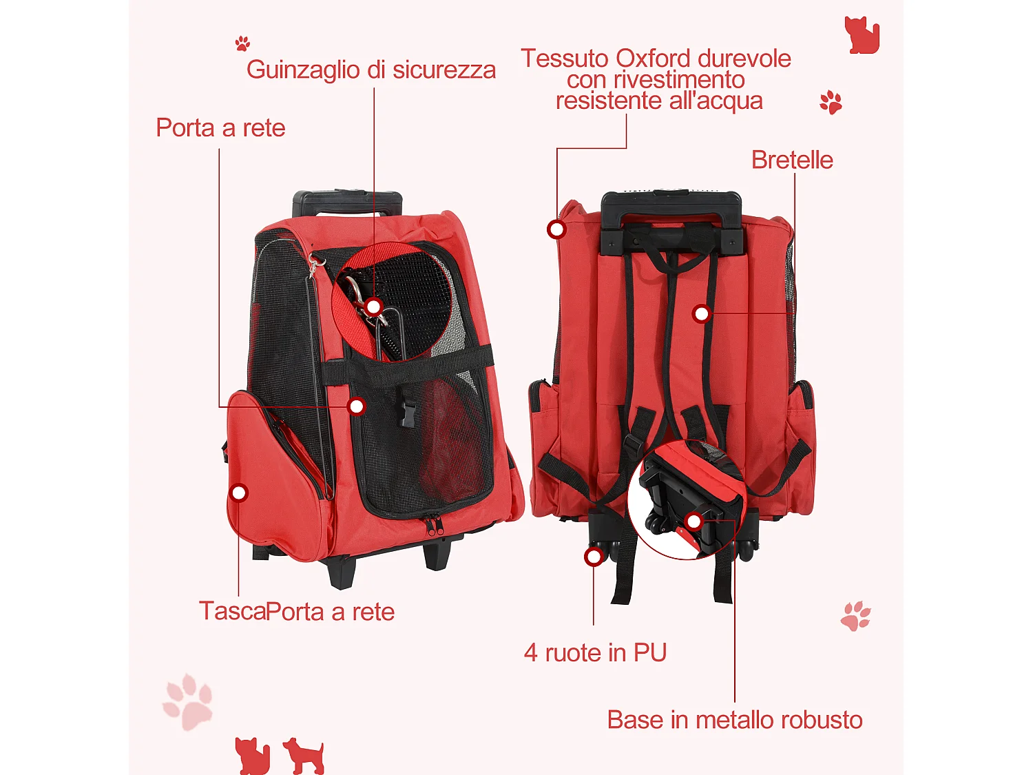 Trasportino zaino per cani e gatti con tasche maniglia telescopica ruote
