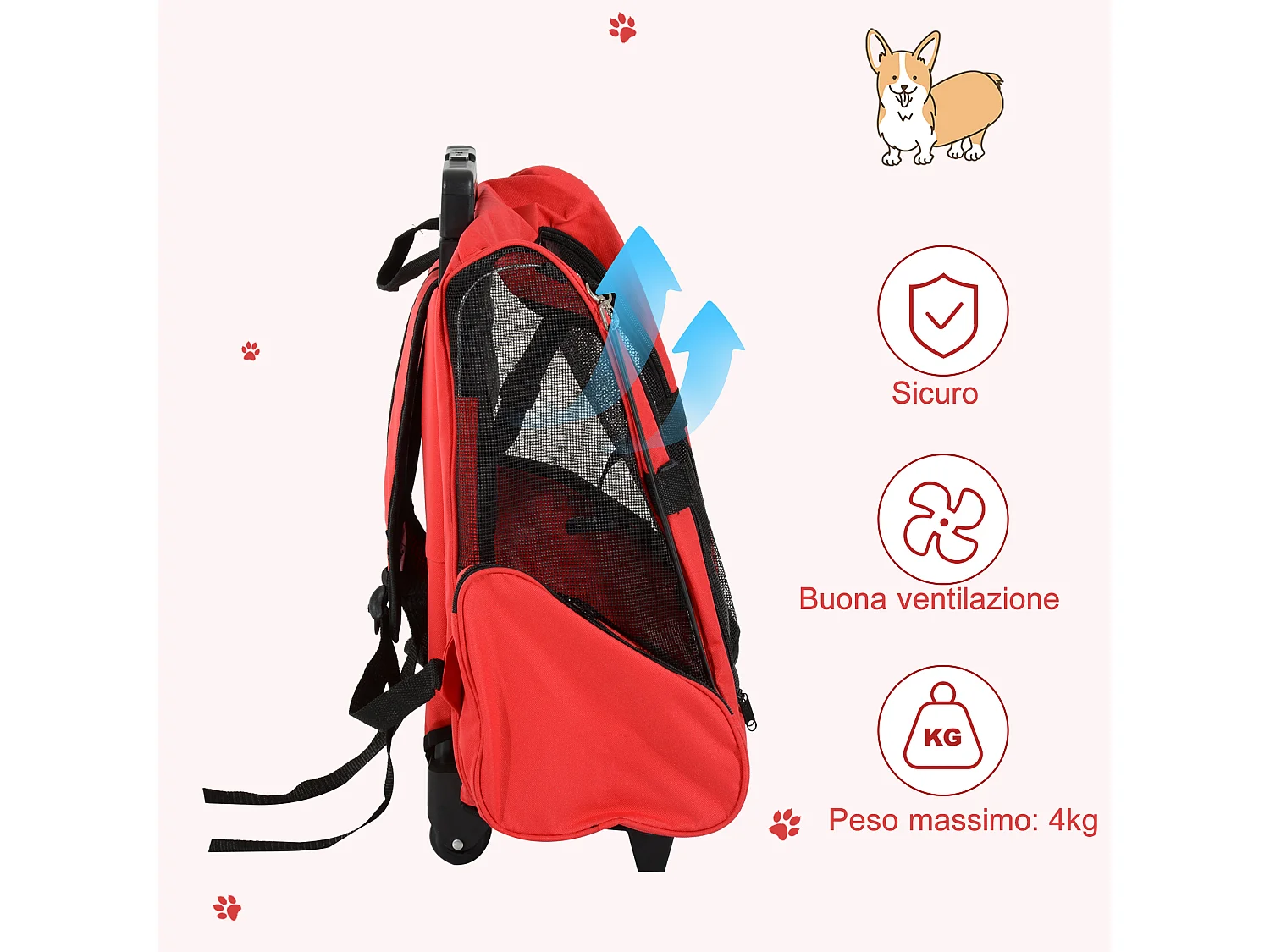 Trasportino zaino per cani e gatti con tasche maniglia telescopica ruote
