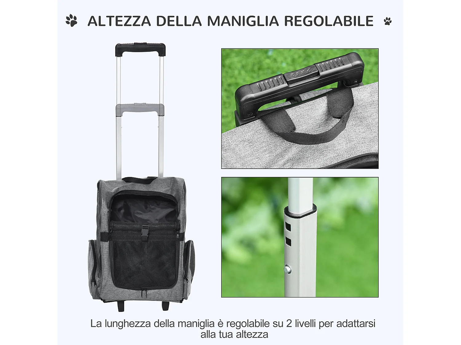 Trasportino zaino per cani e gatti con tasche maniglia telescopica ruote