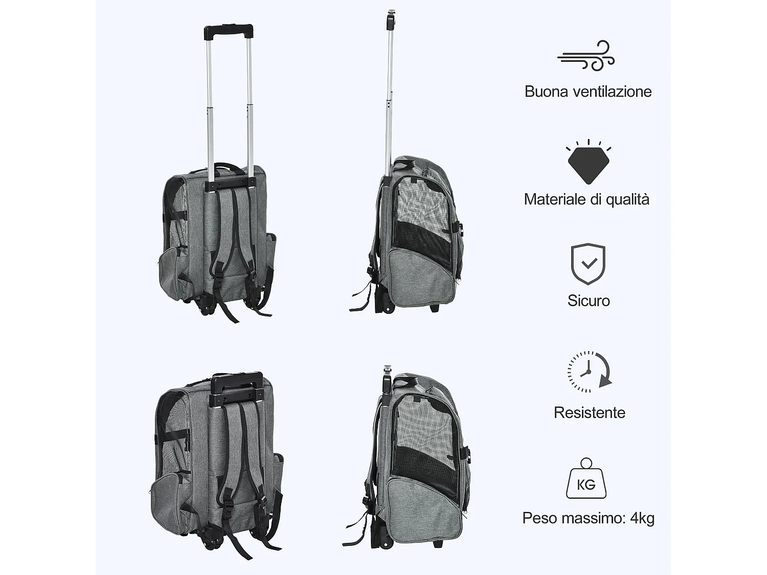 Trasportino zaino per cani e gatti con tasche maniglia telescopica ruote