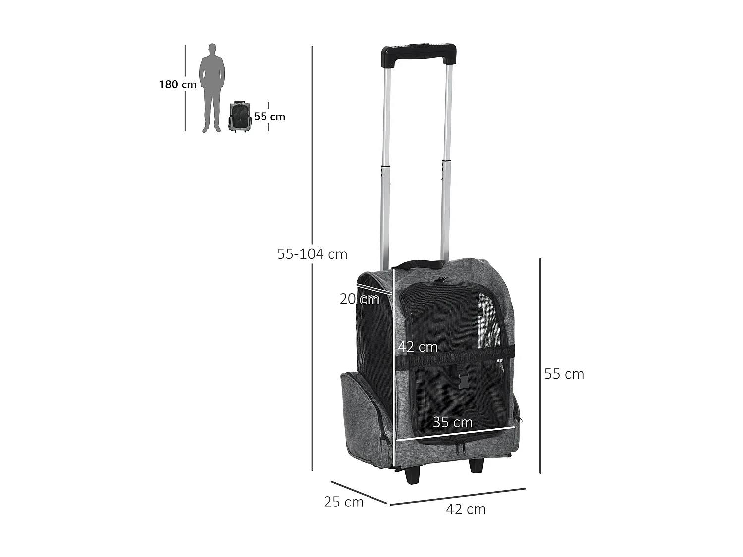 Trasportino zaino per cani e gatti con tasche maniglia telescopica ruote