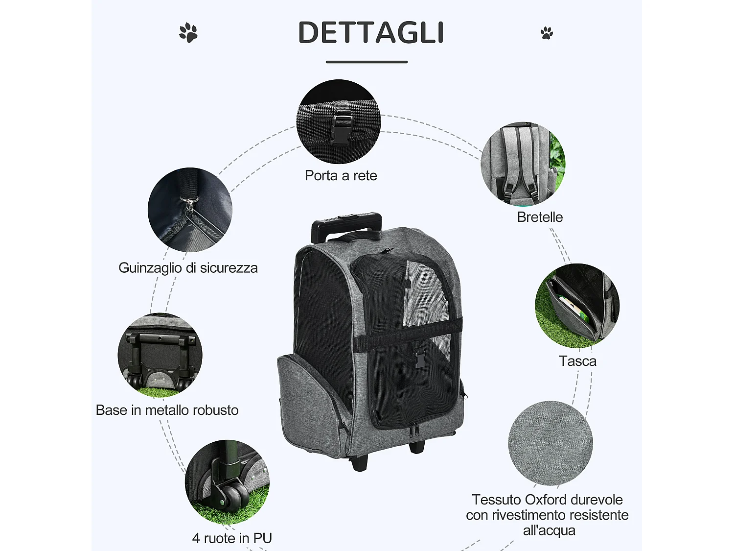 Trasportino zaino per cani e gatti con tasche maniglia telescopica ruote