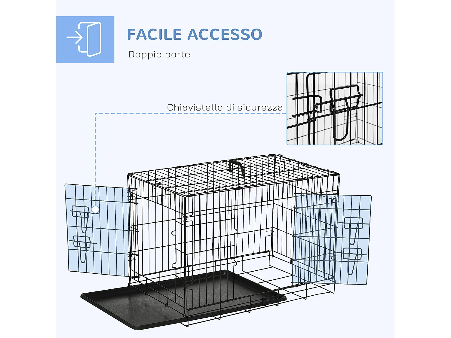 Gabbia per cani e gatti kennel in acciaio doppia apertura e maniglia nero