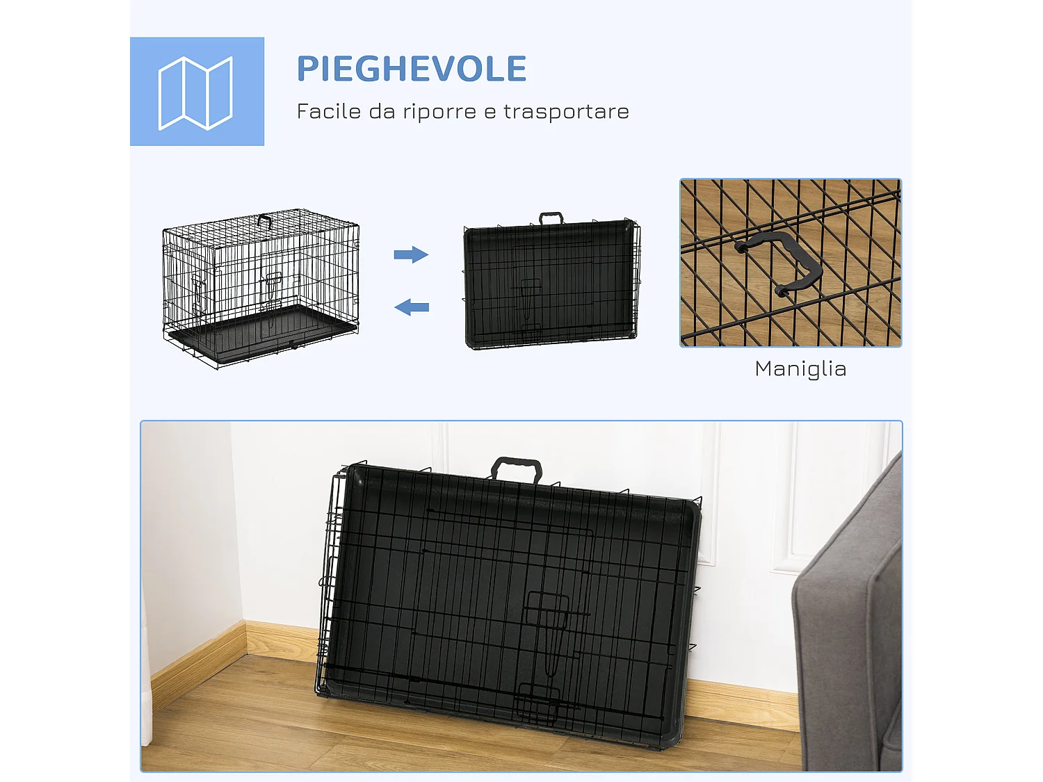 Gabbia per cani e gatti kennel in acciaio doppia apertura e maniglia nero