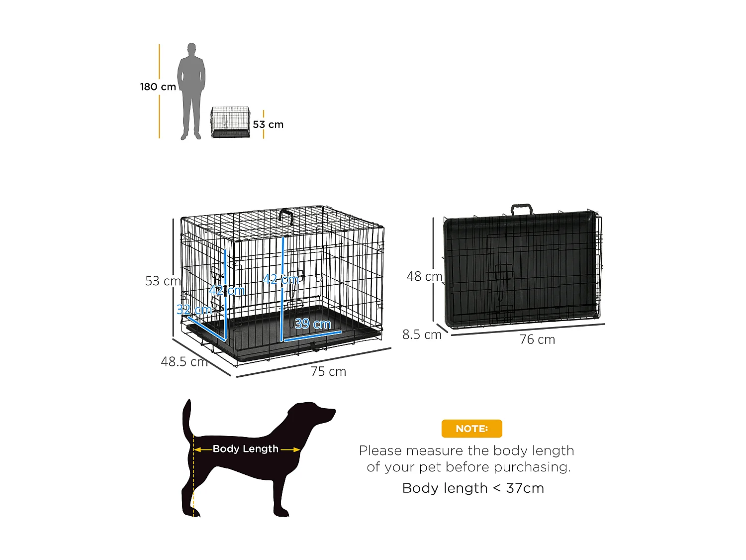 Gabbia per cani e gatti kennel in acciaio doppia apertura e maniglia nero