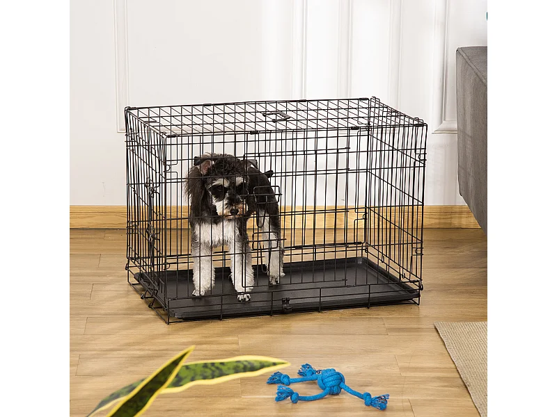 Gabbia per cani e gatti kennel in acciaio doppia apertura e maniglia nero