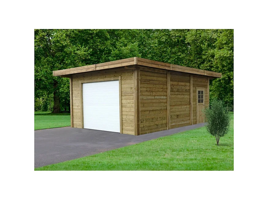 Carport-Garage Spacieux 5,064 x 7,064 m en Sapin du Nord Traité Autoclave avec Porte Sectionnelle Motorisée et Porte en Verre Trempé - Surface 35,77 m²