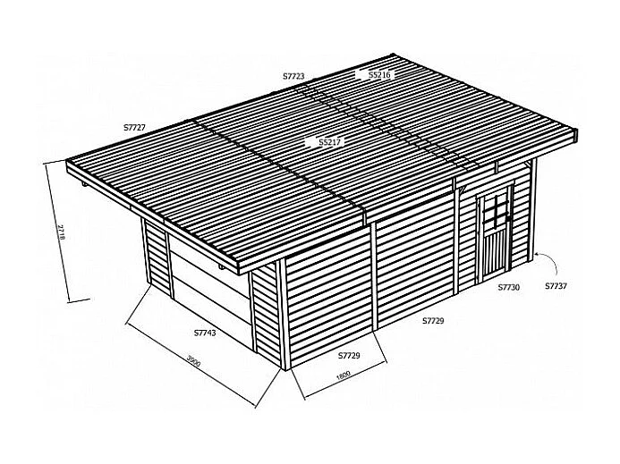 Carport-Garage Spacieux 5,064 x 7,064 m en Sapin du Nord Traité Autoclave avec Porte Sectionnelle Motorisée et Porte en Verre Trempé - Surface 35,77 m²