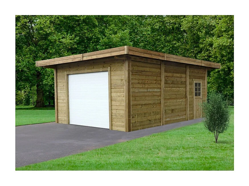 Carport-Garage Spacieux 5,064 x 7,064 m en Sapin du Nord Traité Autoclave avec Porte Sectionnelle Motorisée et Porte en Verre Trempé - Surface 35,77 m²