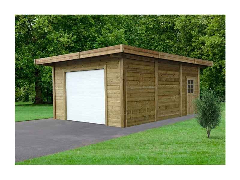 Carport-Garage Spacieux 5,064 x 7,064 m en Sapin du Nord Traité Autoclave avec Porte Sectionnelle Motorisée et Porte en Verre Trempé - Surface 35,77 m²