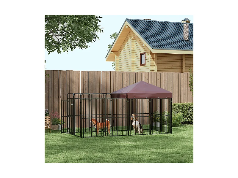 Recinto per cani da esterno in metallo con tetto, 282x141x160.5cm marrone