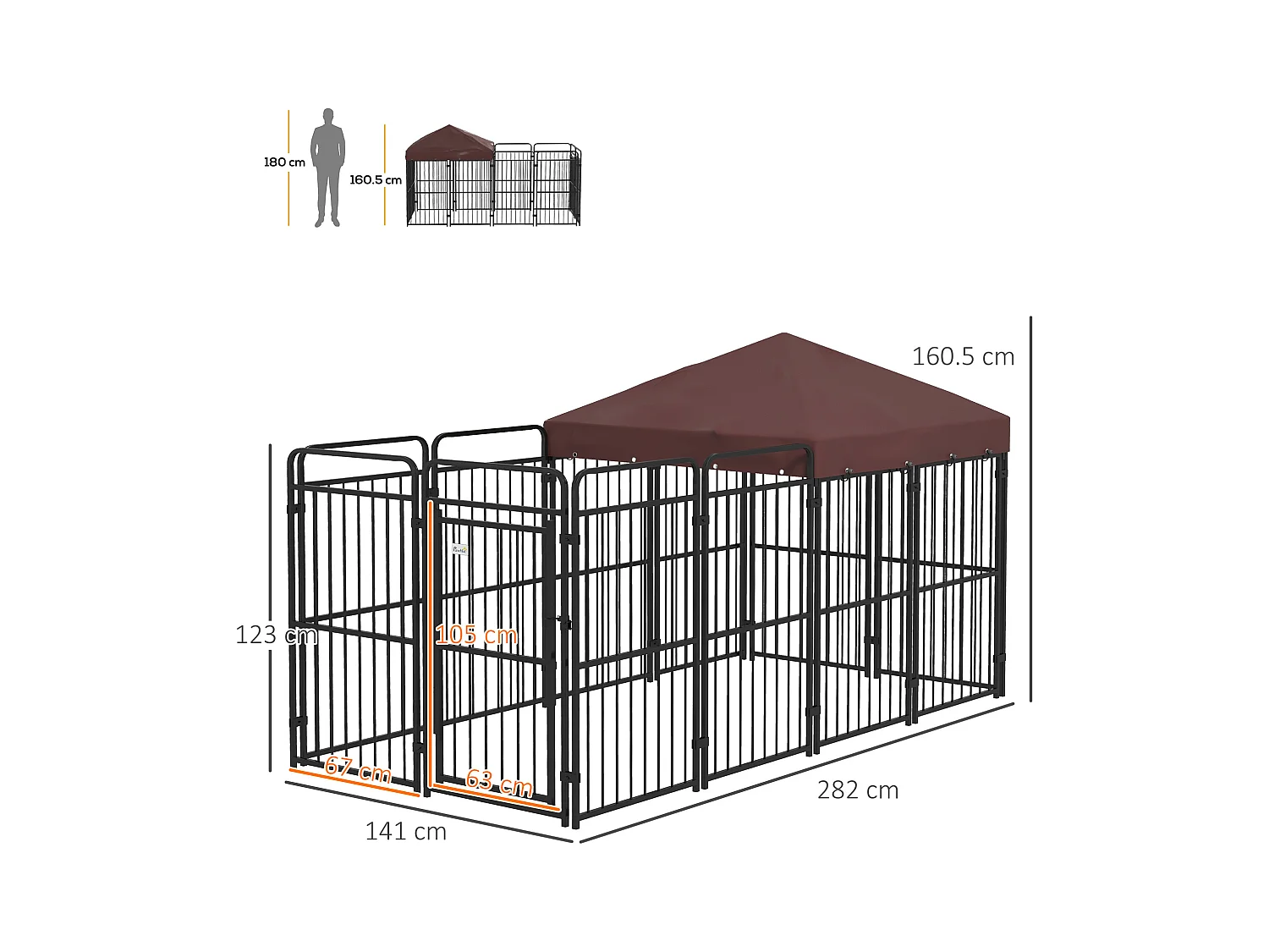 Recinto per cani da esterno in metallo con tetto, 282x141x160.5cm marrone
