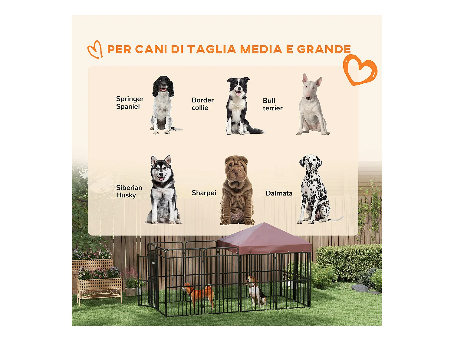 Recinto per cani da esterno in metallo con tetto, 282x141x160.5cm marrone