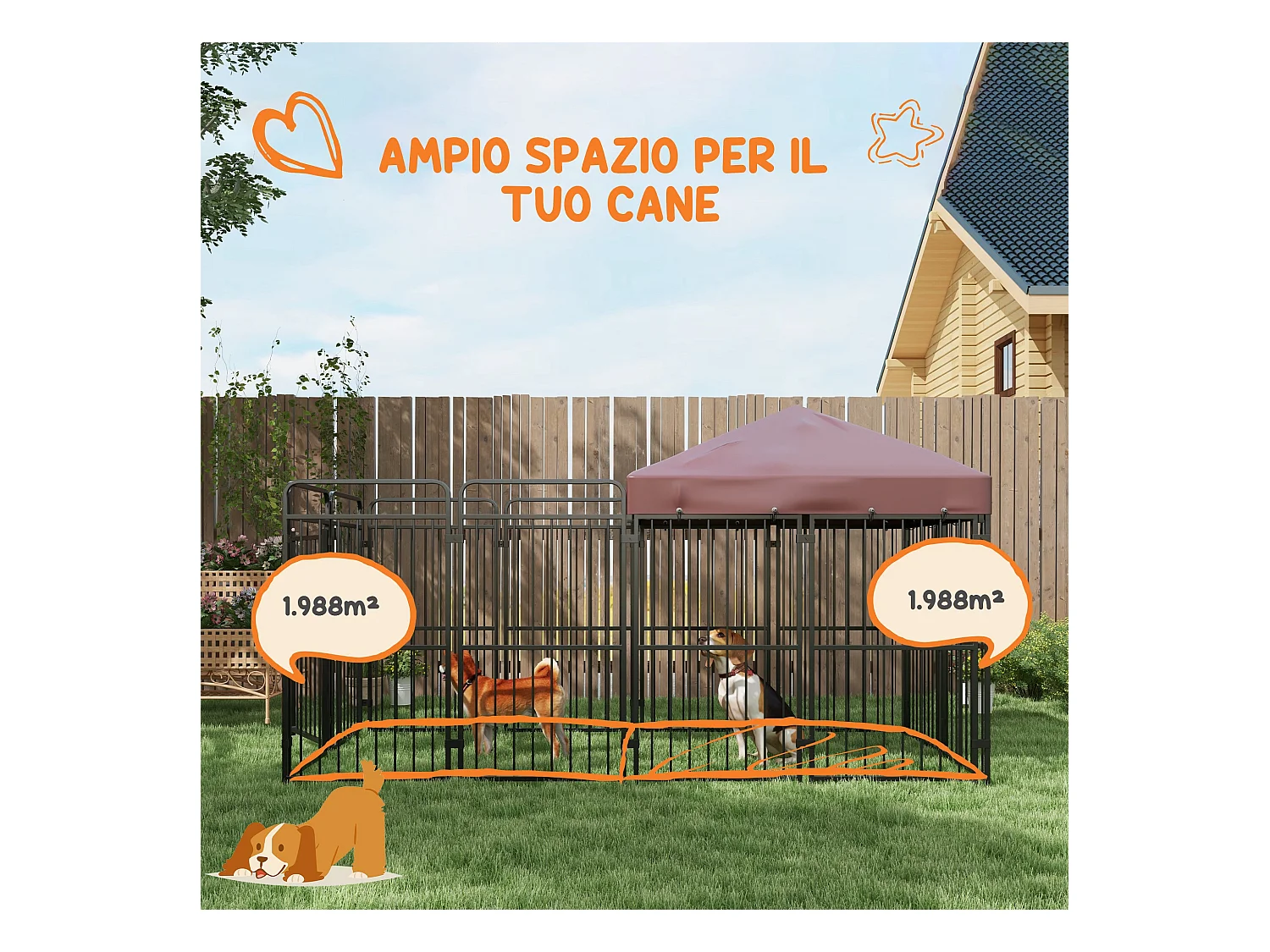 Recinto per cani da esterno in metallo con tetto, 282x141x160.5cm marrone