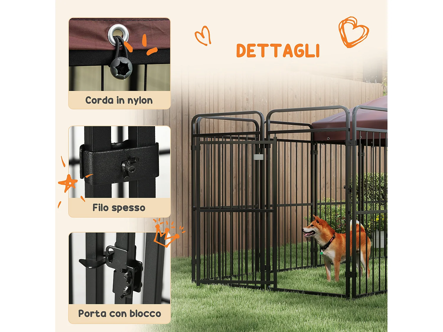 Recinto per cani da esterno in metallo con tetto, 282x141x160.5cm marrone