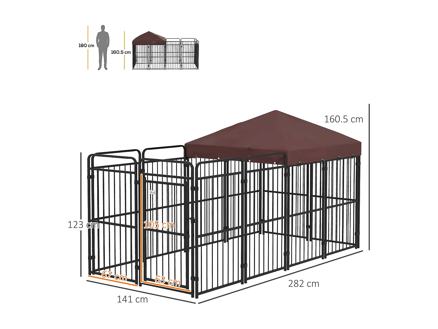 Recinto per cani da esterno in metallo con tetto, 282x141x160.5cm marrone