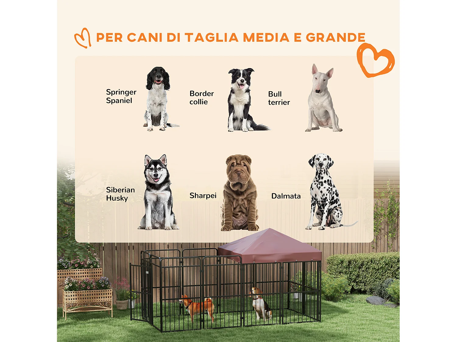 Recinto per cani da esterno in metallo con tetto, 282x141x160.5cm marrone