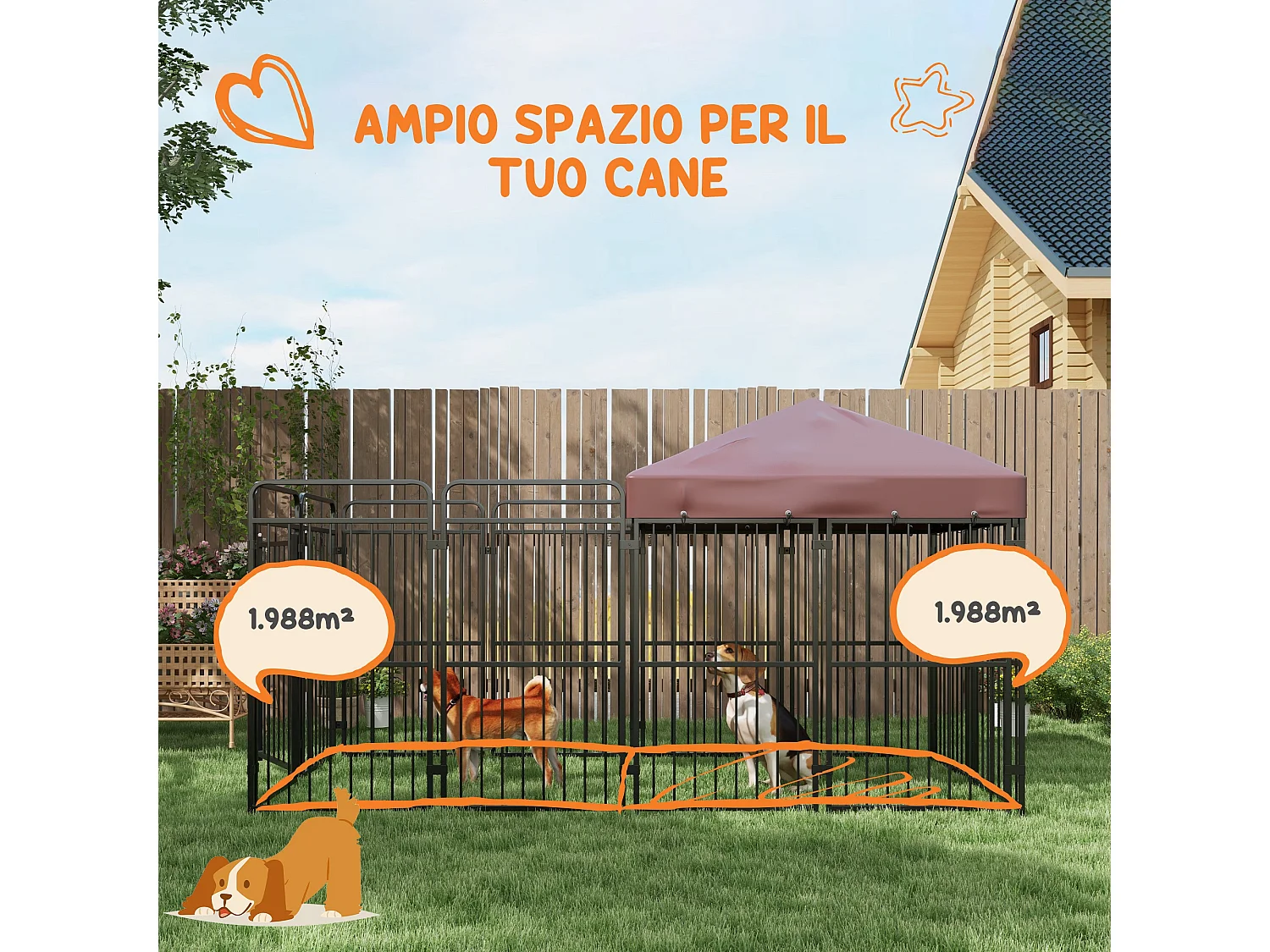 Recinto per cani da esterno in metallo con tetto, 282x141x160.5cm marrone