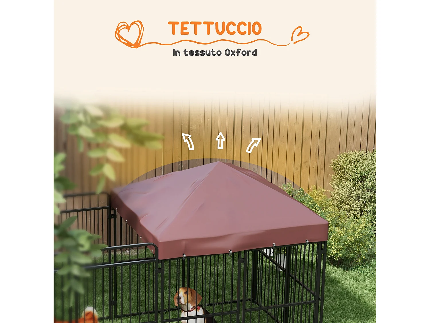 Recinto per cani da esterno in metallo con tetto, 282x141x160.5cm marrone