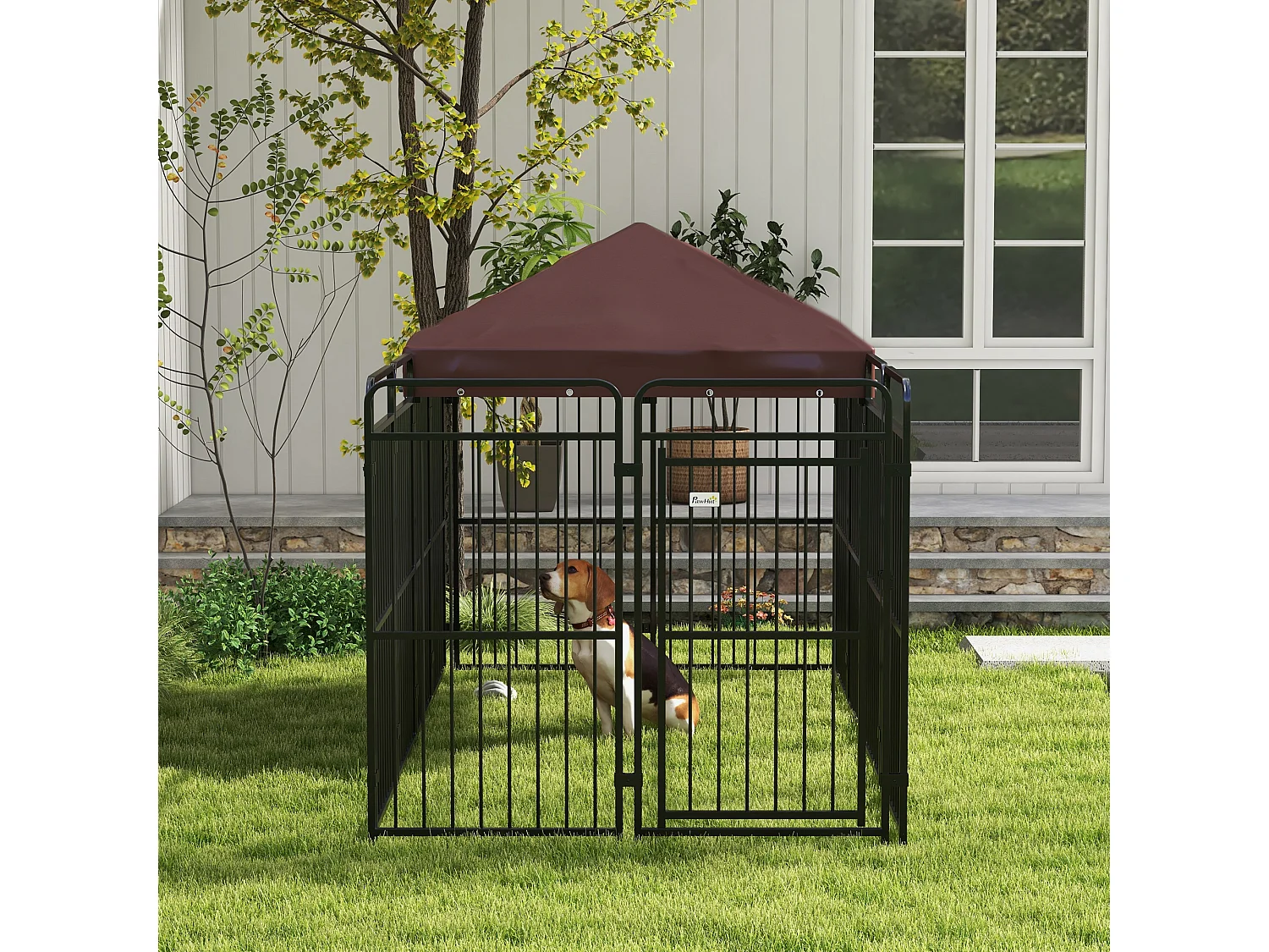 Recinto per cani da esterno in metallo con tetto, 282x141x160.5cm marrone