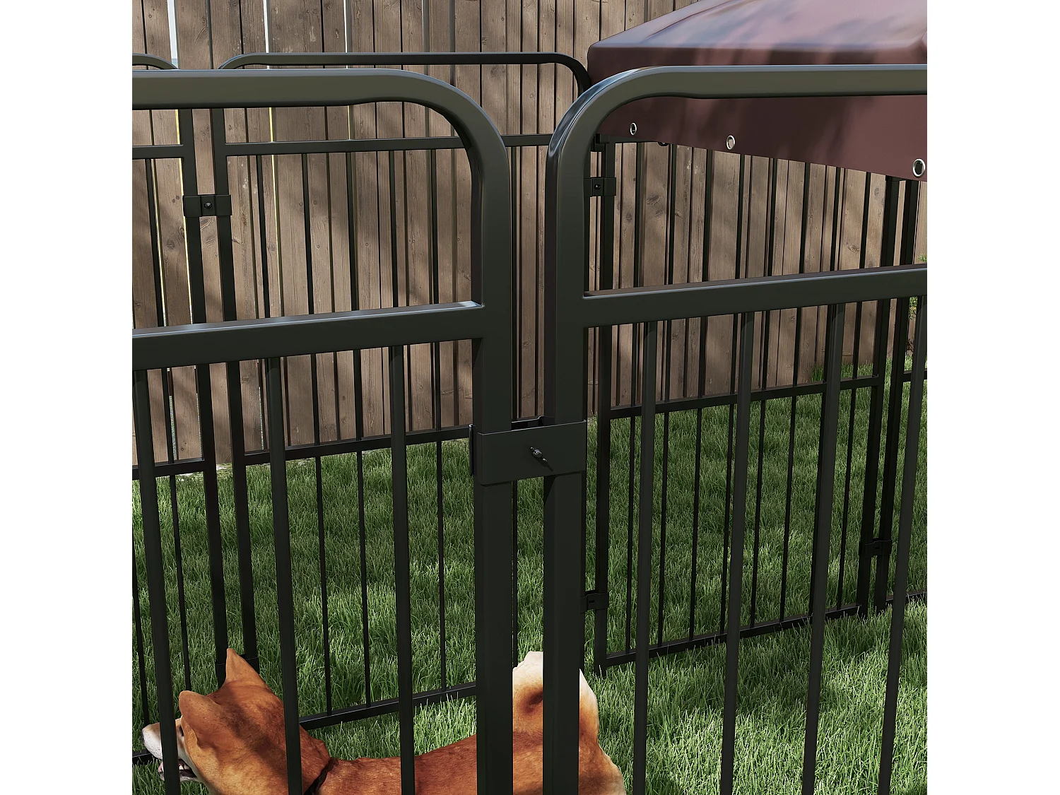 Recinto per cani da esterno in metallo con tetto, 282x141x160.5cm marrone