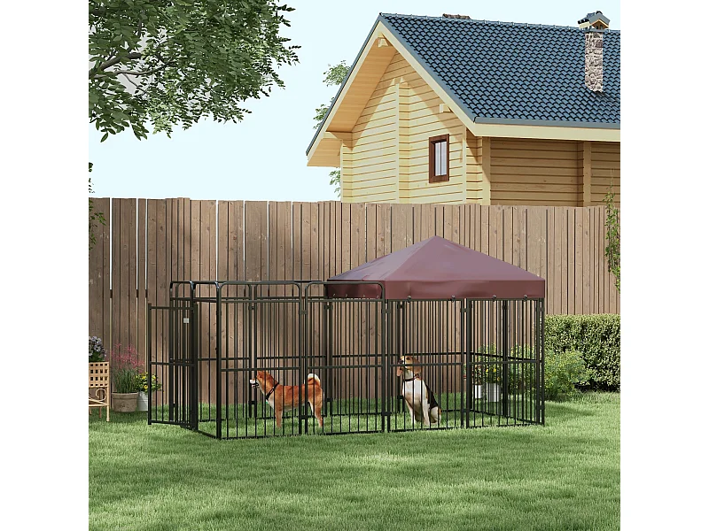 Recinto per cani da esterno in metallo con tetto, 282x141x160.5cm marrone
