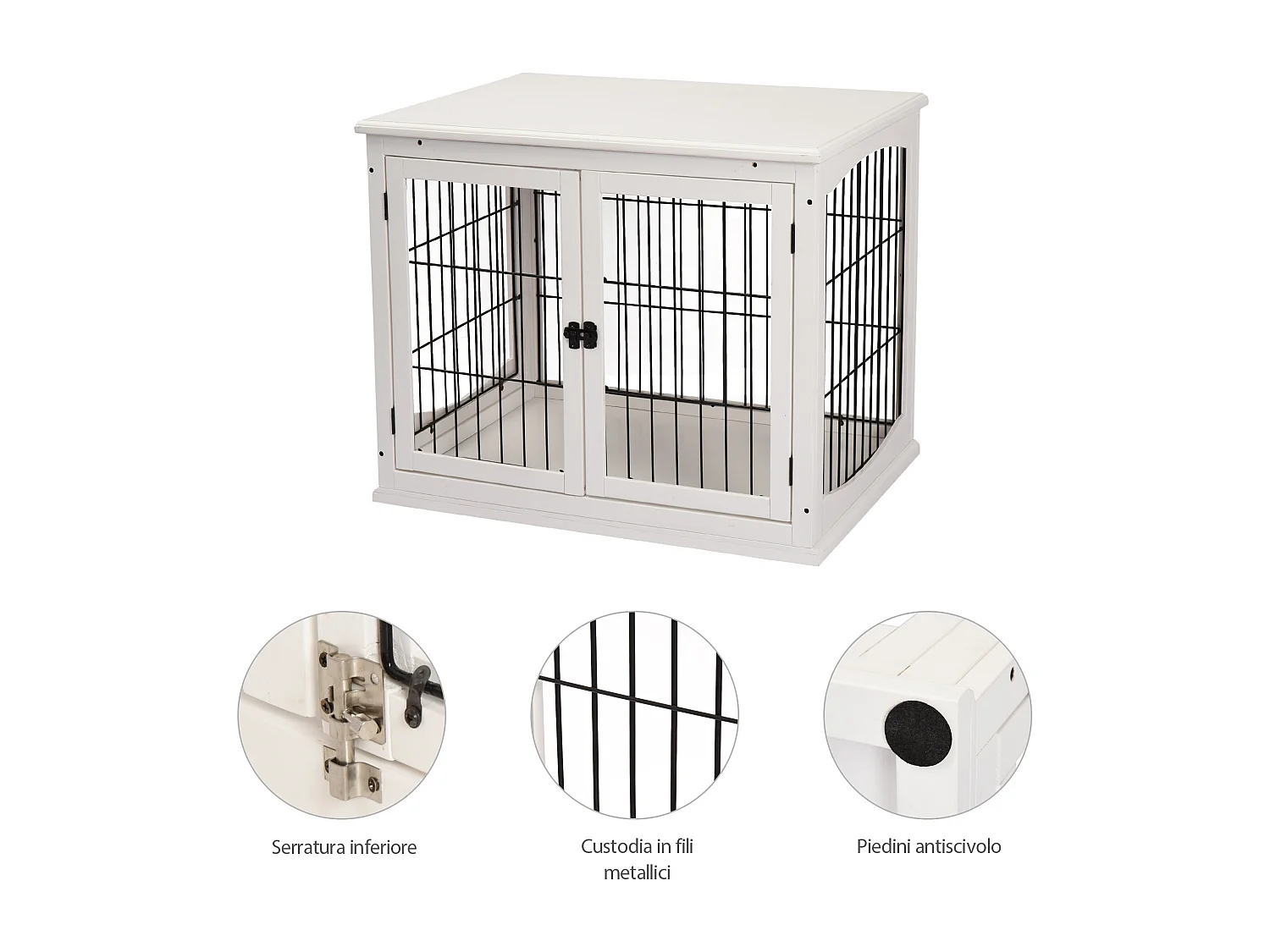 Casetta per cani fino 30kg da interno in legno e metallo bianco