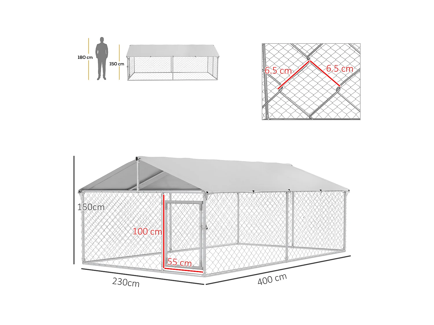 Recinto cani grandi fino 30kg per esterno con tetto anti-uv 4x2.3x1.5m