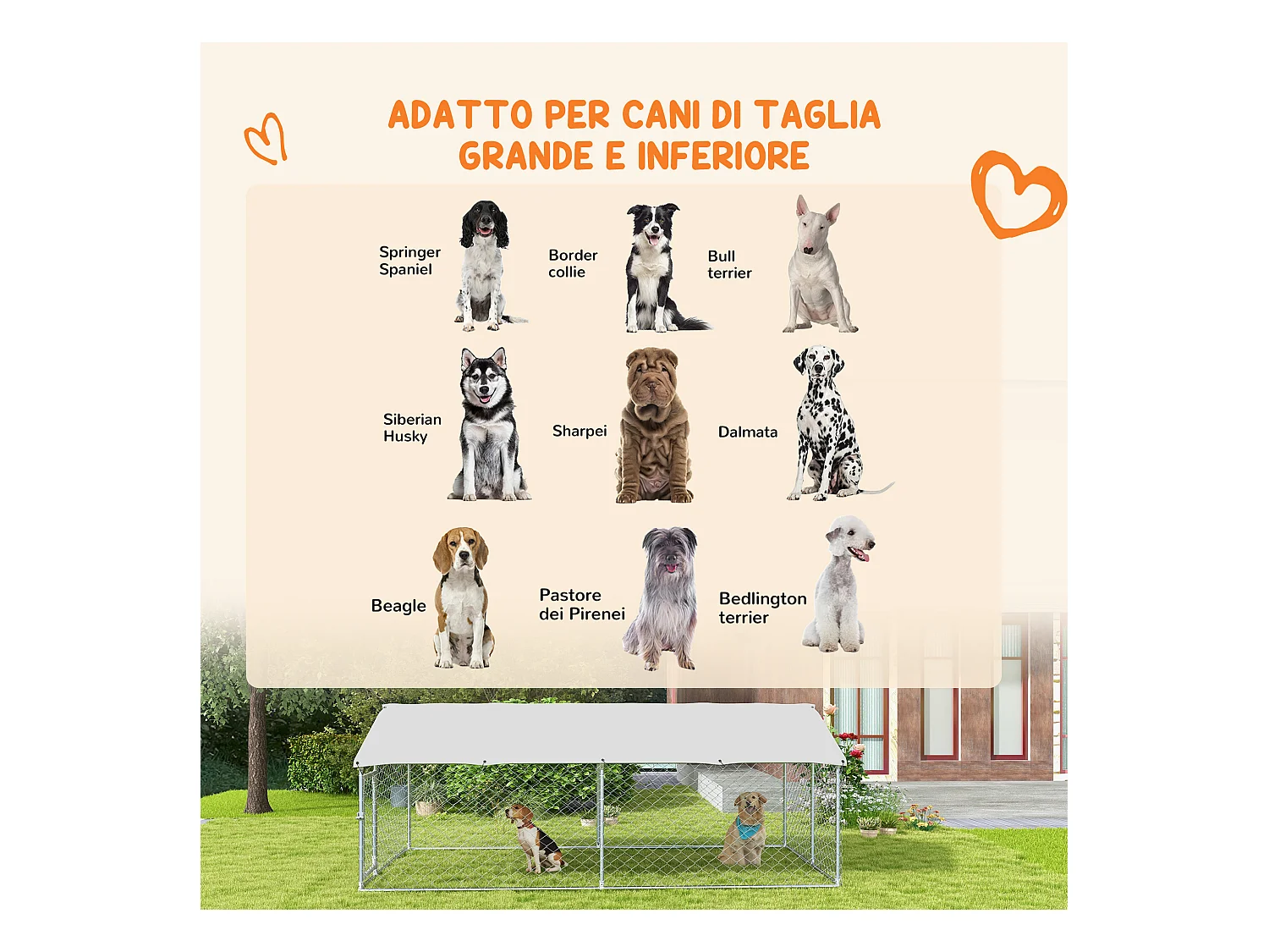 Recinto cani grandi fino 30kg per esterno con tetto anti-uv 4x2.3x1.5m