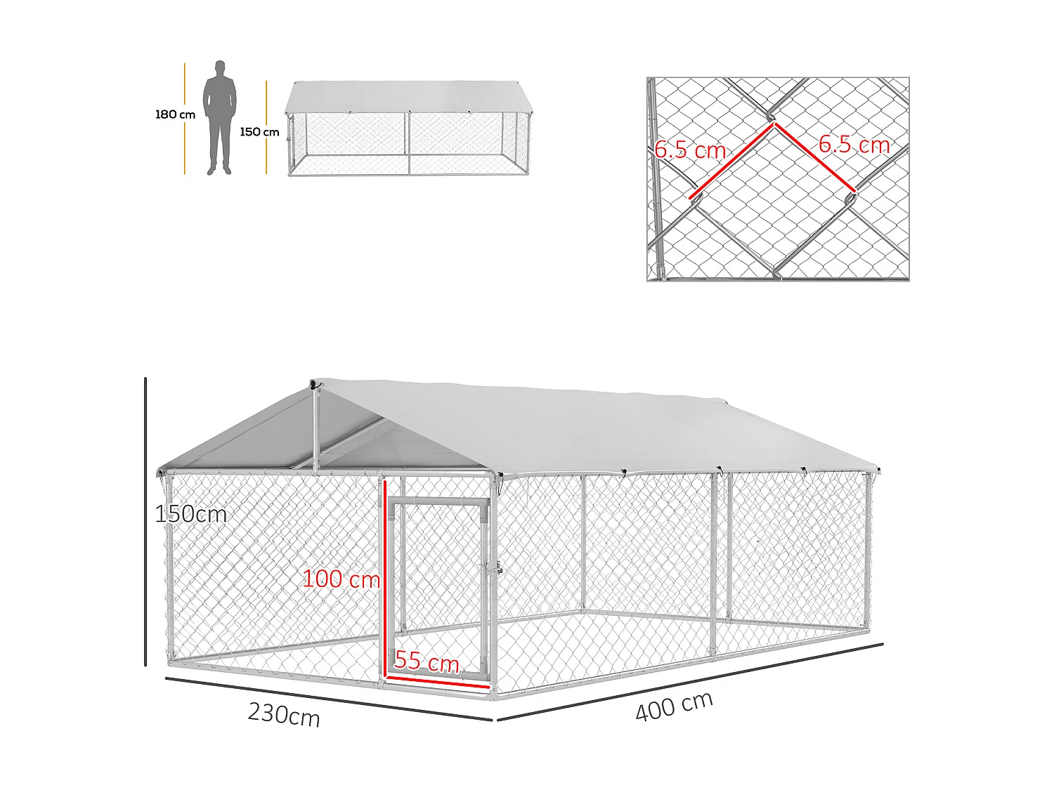 Recinto cani grandi fino 30kg per esterno con tetto anti-uv 4x2.3x1.5m