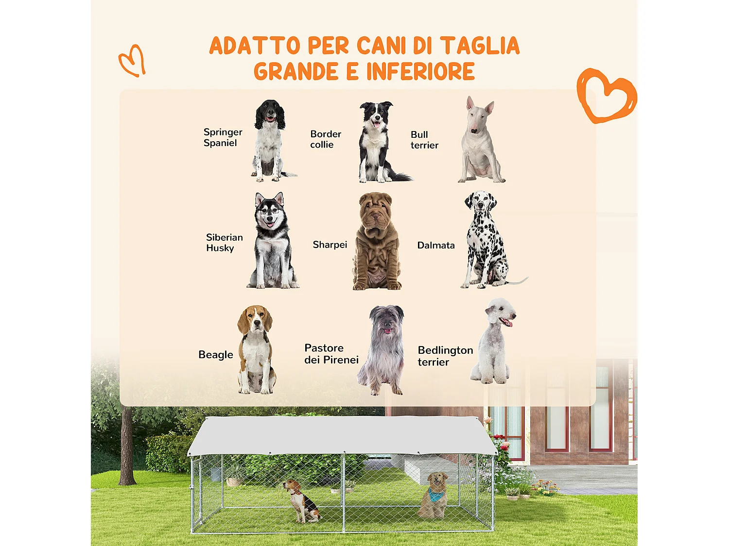 Recinto cani grandi fino 30kg per esterno con tetto anti-uv 4x2.3x1.5m