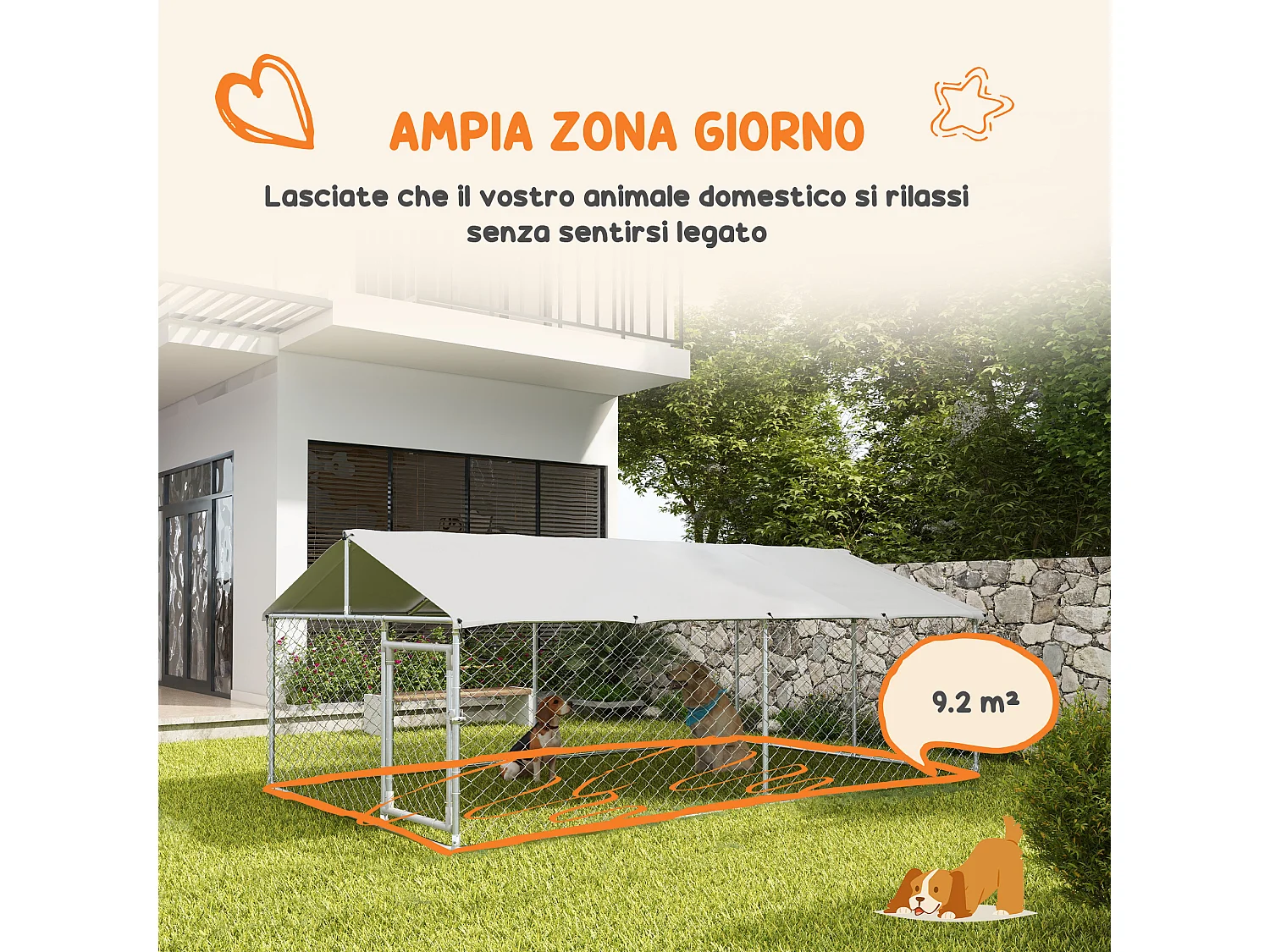 Recinto cani grandi fino 30kg per esterno con tetto anti-uv 4x2.3x1.5m